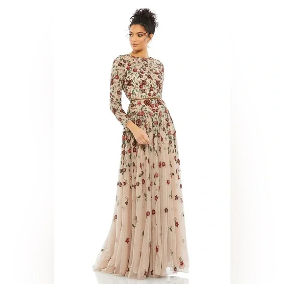 NWT $698 MAC DUGGAL Beige Embellished High Neck Long Sleeve A Line Gown DRESS - Picture 6 of 8